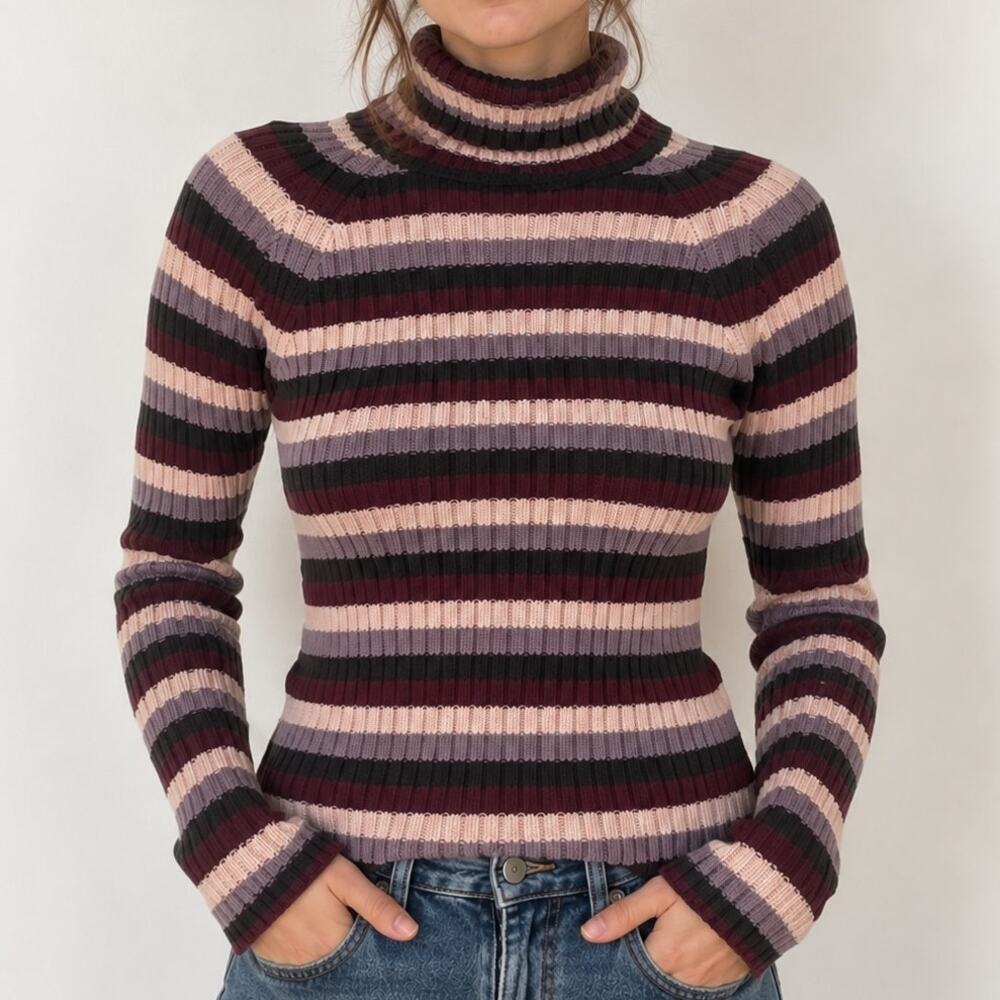 Y2K/90s INC Ribbed Turtleneck Sweater Purple Striped Size Large Vintage